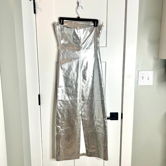 Zara Metallic Silver Strapless Midi Bodycon Dress Split in Back Clubwear M NWT - Picture 4 of 7